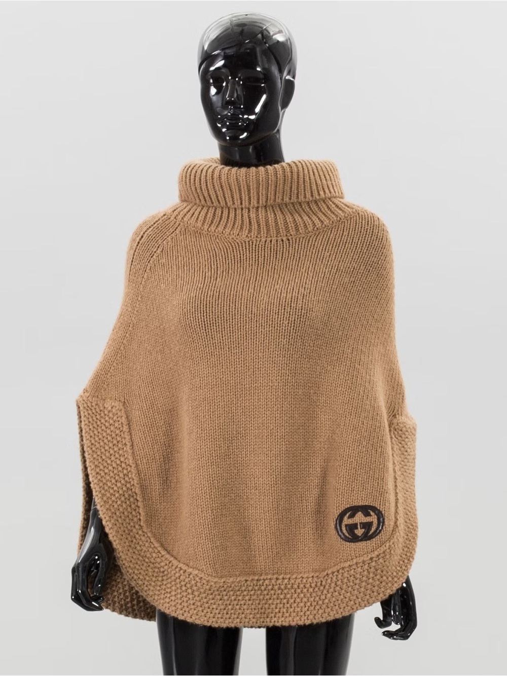 Gucci Camel Turtleneck Knit Poncho Wool Logo Patch